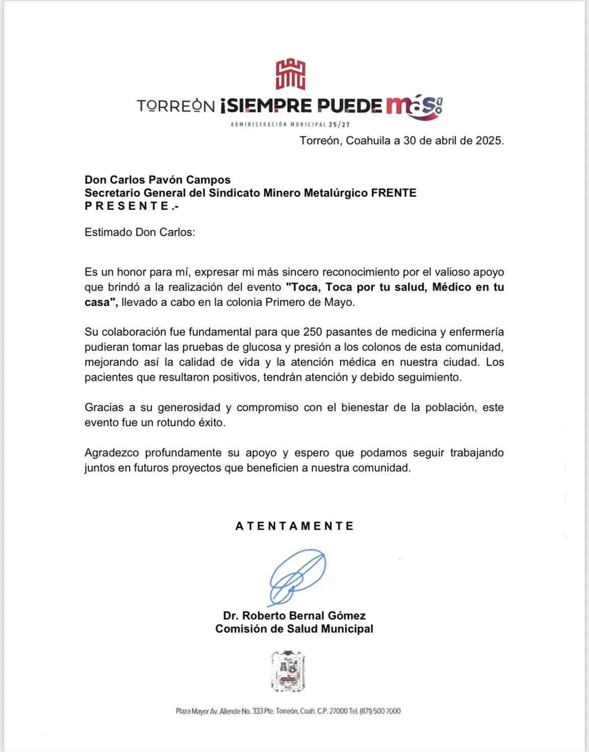 [Comunicado] Agradecimiento del Municipio de Torreón a nuestro líder, Don Carlos Pavón