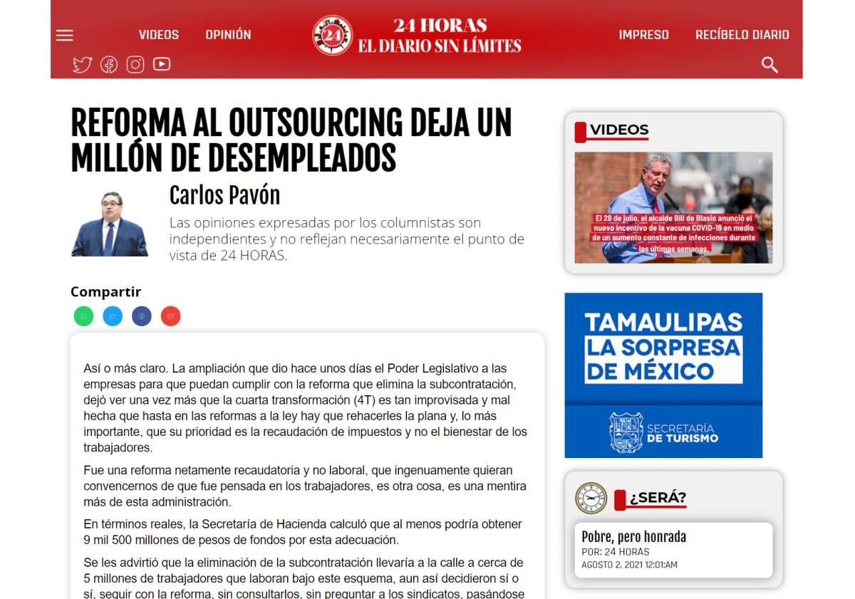 Reforma al outsourcing deja un millón de desempleados
