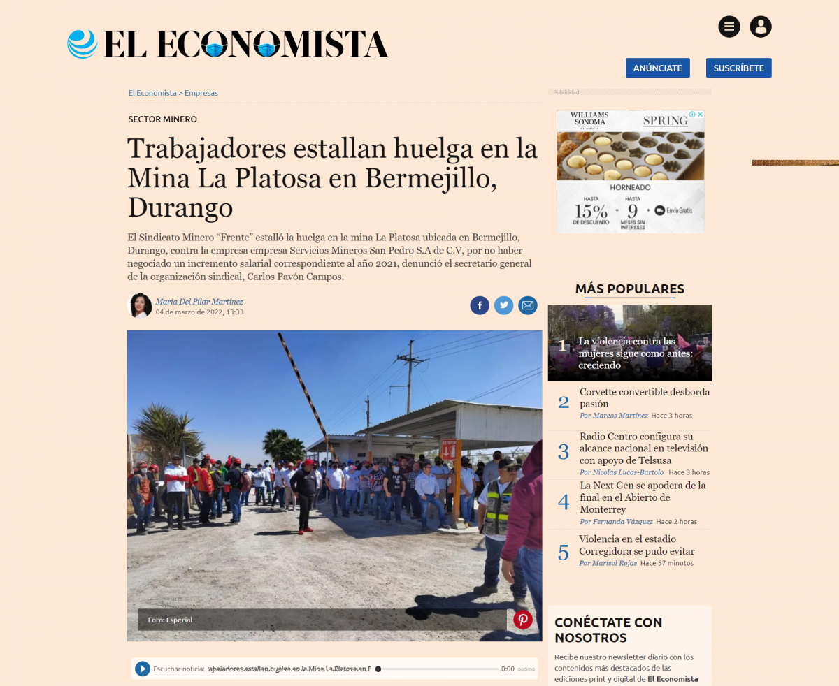 Trabajadores estallan huelga en la Mina La Platosa en Bermejillo, Durango
