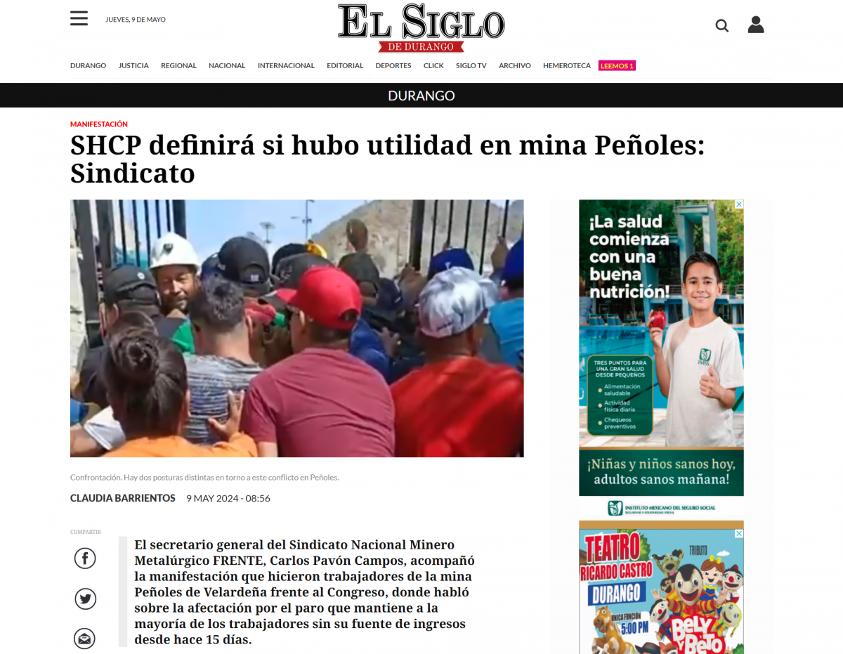 SHCP definirá si hubo utilidad en mina Peñoles: Sindicato