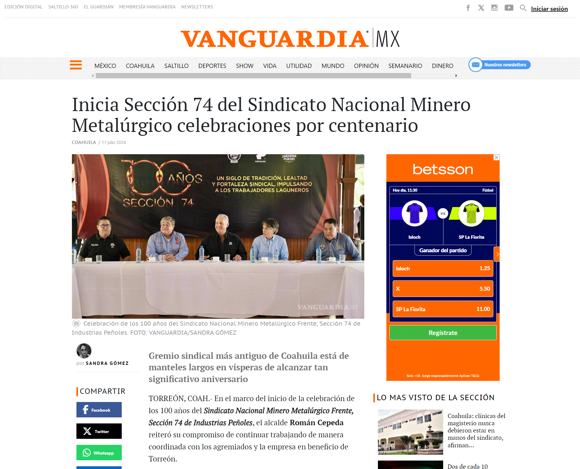 Inicia Sección 74 del Sindicato Nacional Minero Metalúrgico celebraciones por centenario