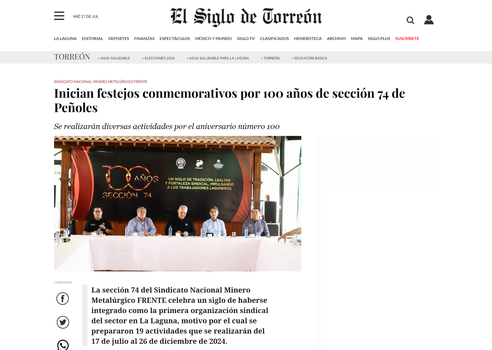 Inician festejos conmemorativos por 100 años de sección 74 de Peñoles