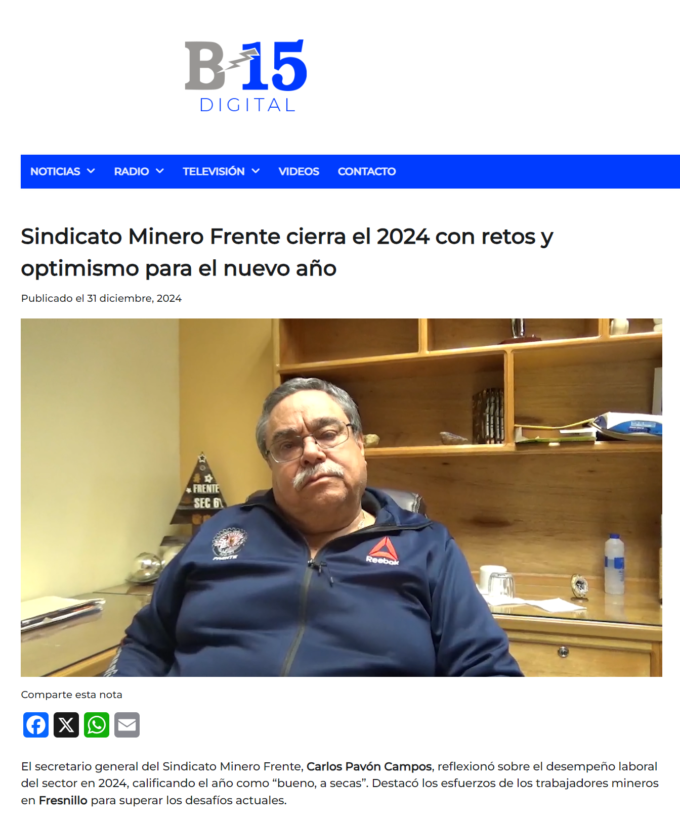 Sindicato Minero Frente cierra el 2024 con retos y optimismo para el nuevo año