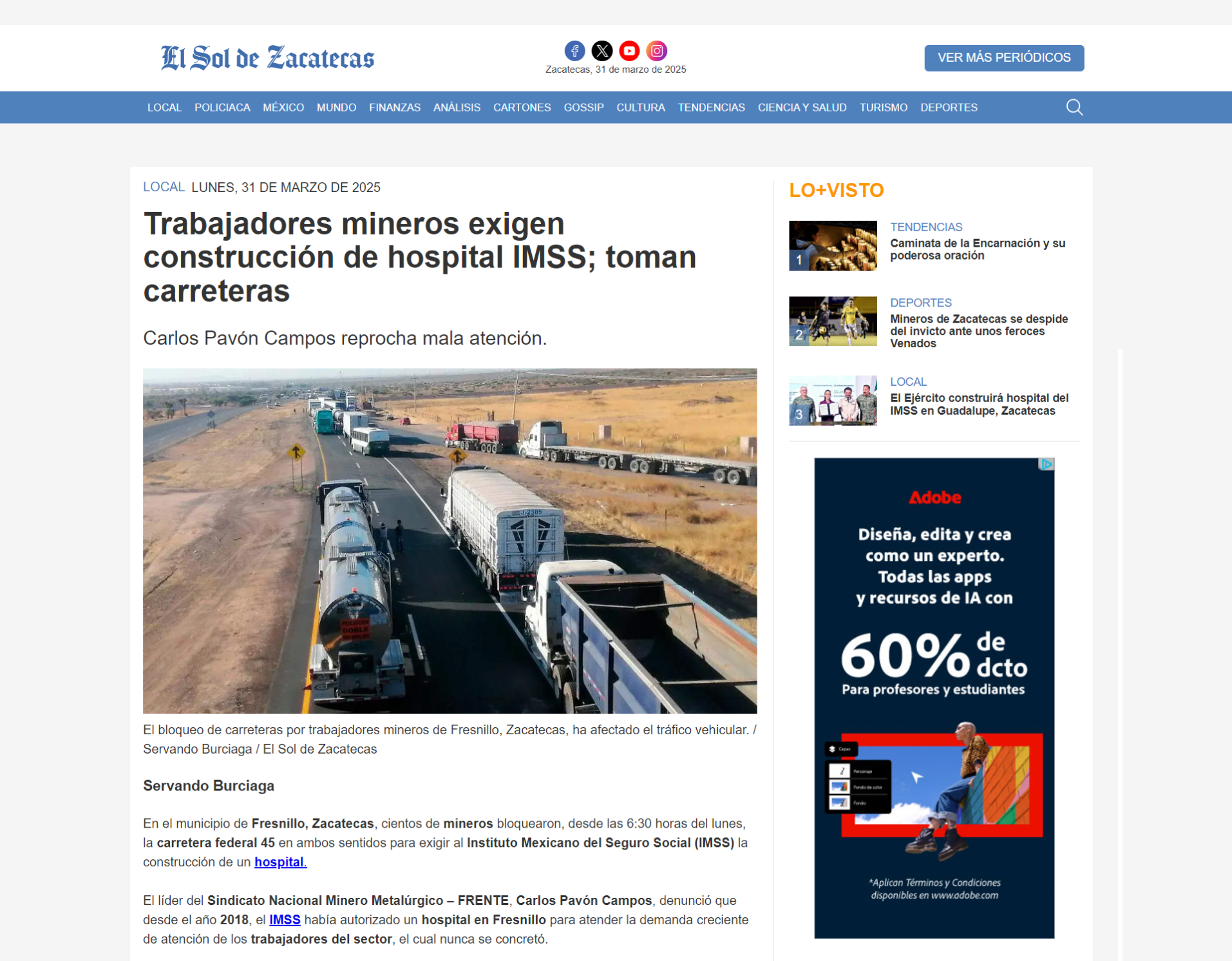 Trabajadores mineros exigen construcción de hospital IMSS; toman carreteras
