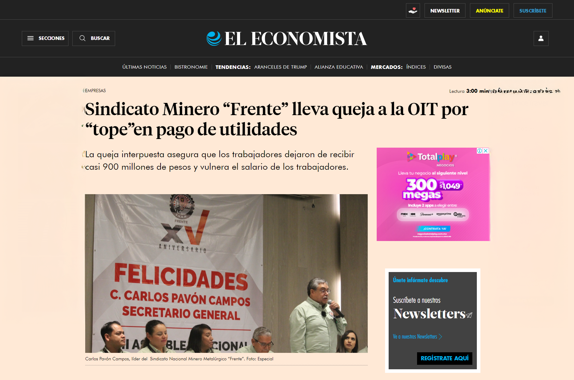 Sindicato Minero “Frente” lleva queja a la OIT por “tope”en pago de utilidades