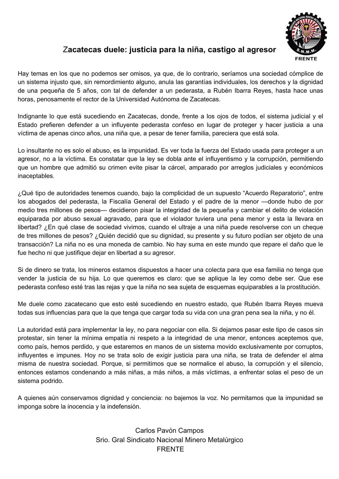 [Comunicado] Zacateca duele: justicia para la niña, castigo al agresor