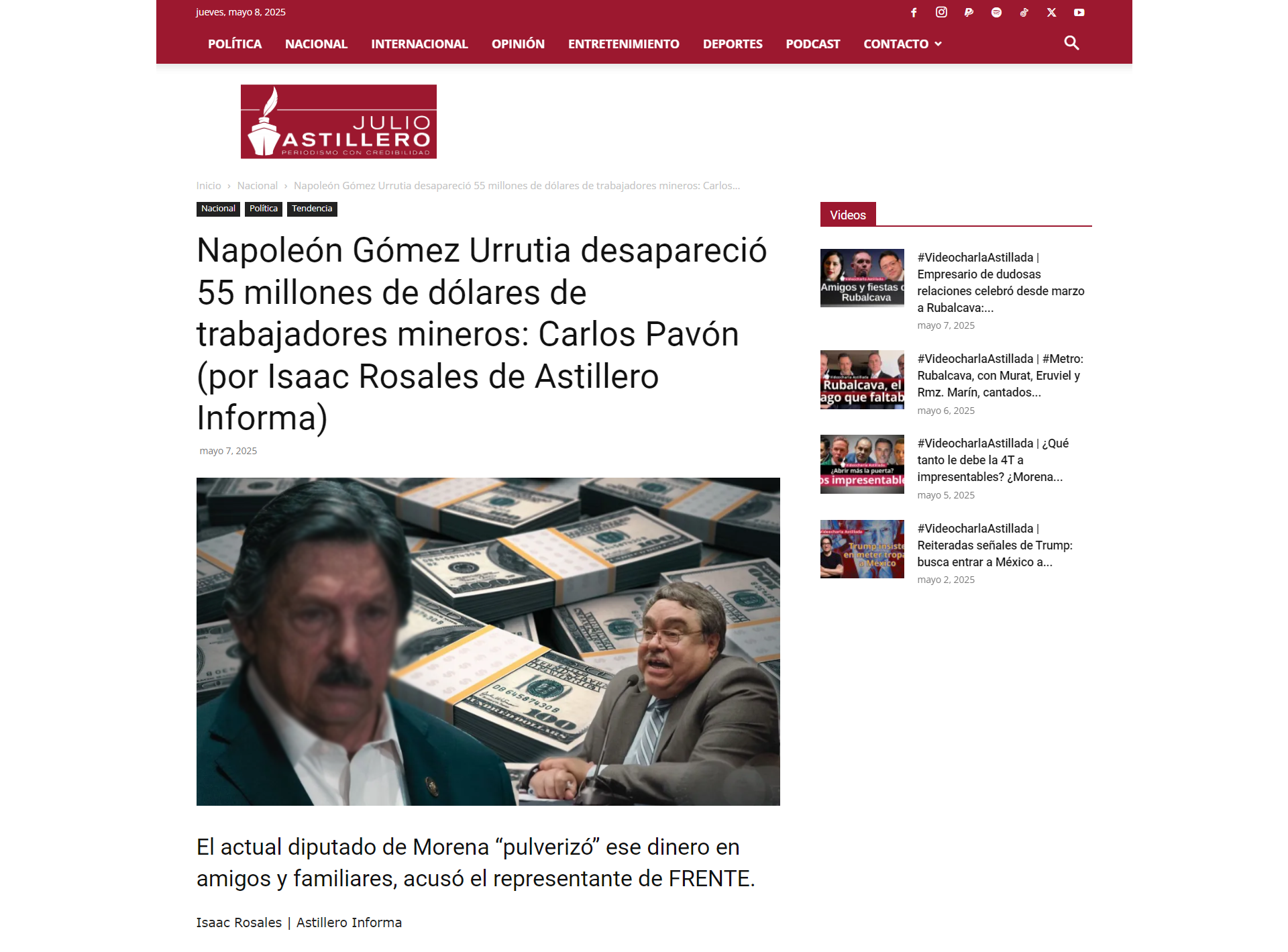 Napoleón Gómez Urrutia desapareció 55 millones de dólares de trabajadores mineros: Carlos Pavón (por Isaac Rosales de Astillero Informa)