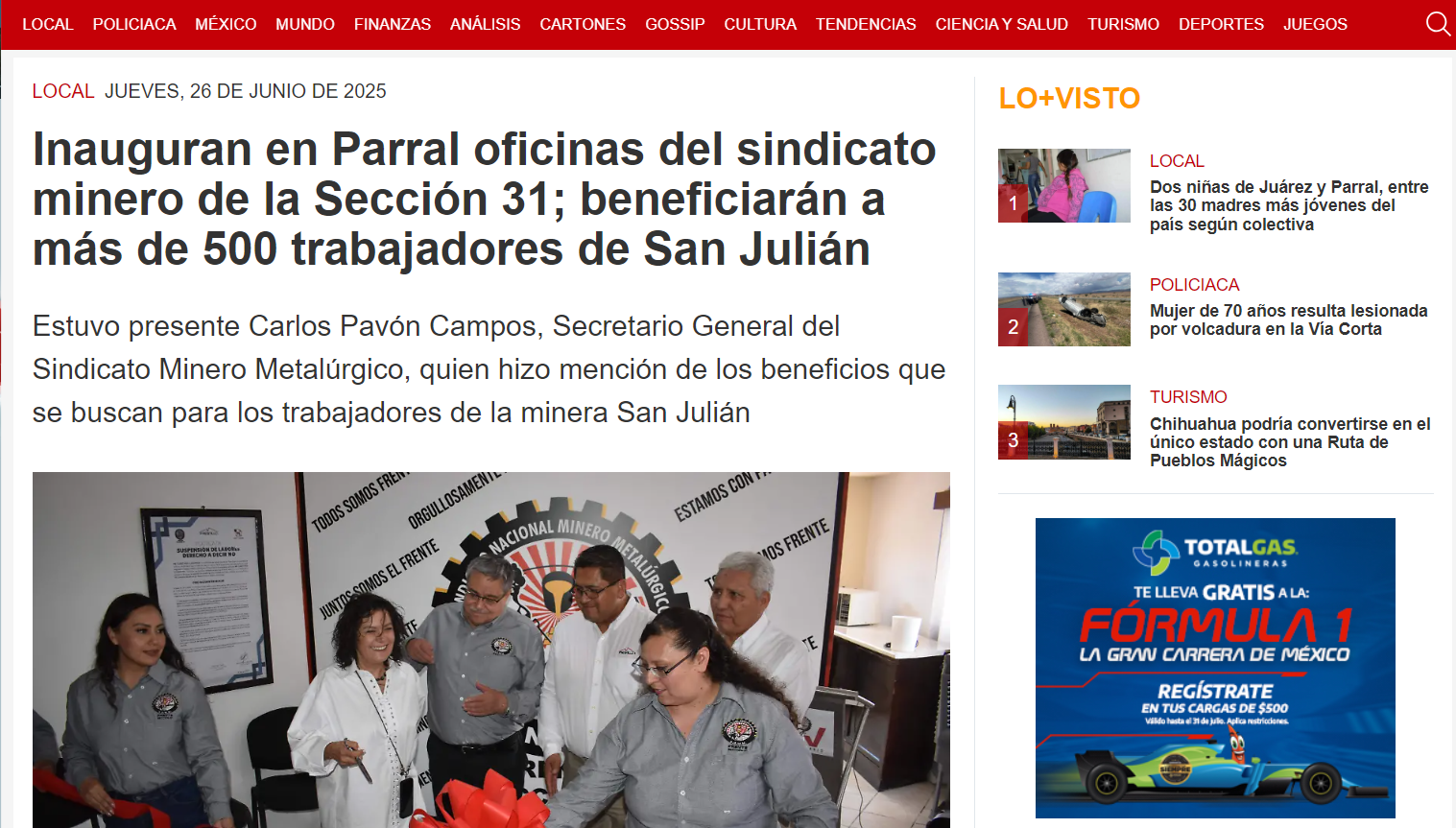 Inauguran en Parral oficinas del sindicato minero de la Sección 31; beneficiarán a más de 500 trabajadores de San Julián
