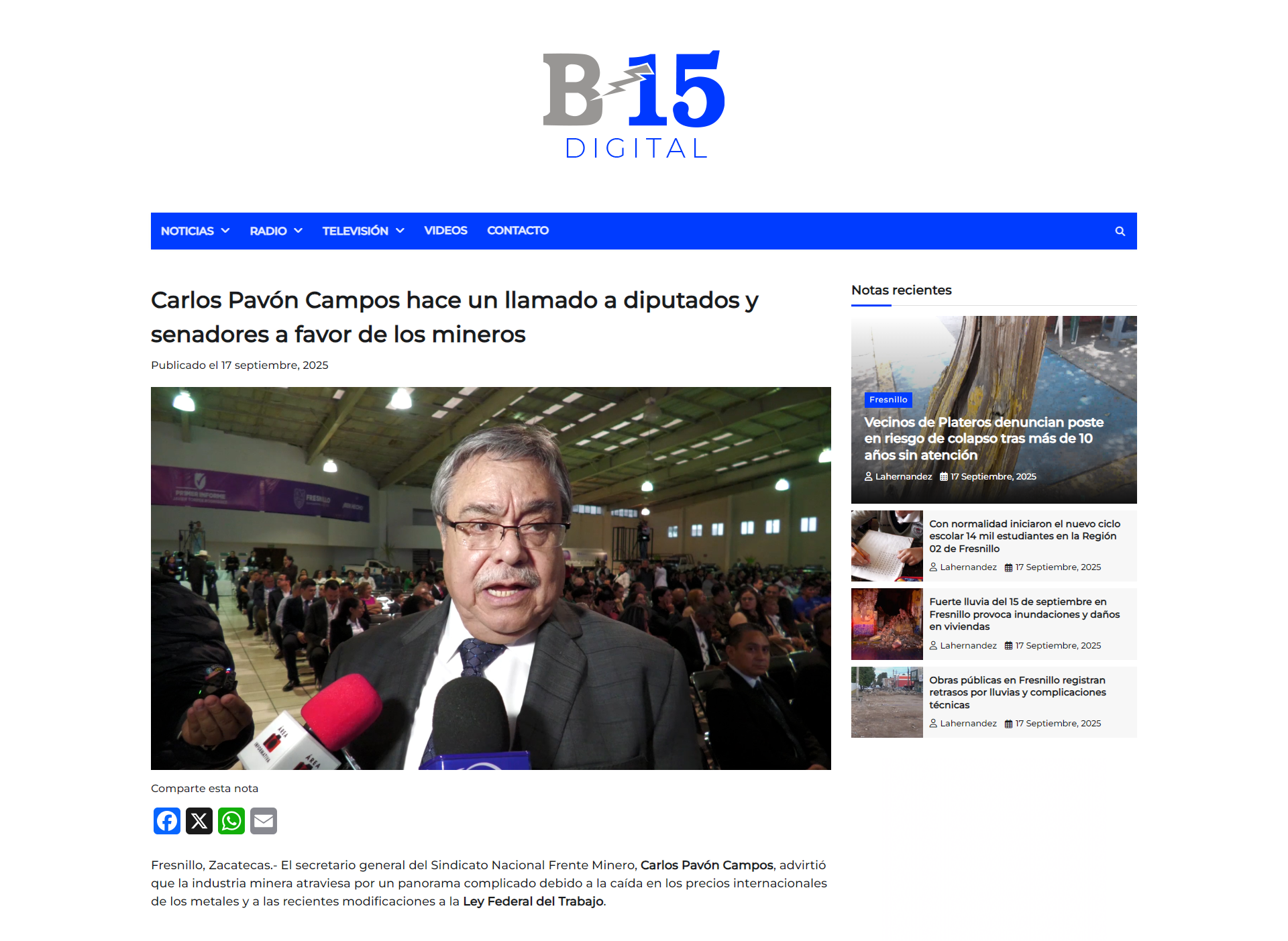 Carlos Pavón Campos hace un llamado a diputados y senadores a favor de los mineros