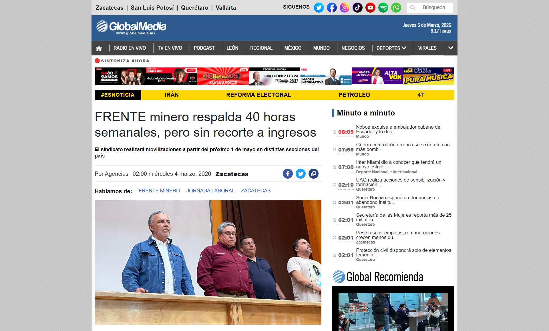 FRENTE minero respalda 40 horas semanales, pero sin recorte a ingresos