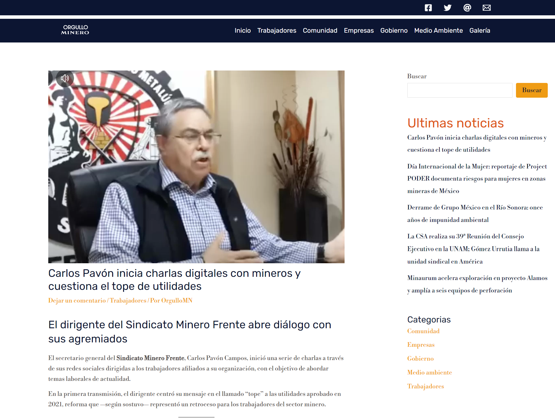 Carlos Pavón inicia charlas digitales con mineros y cuestiona el tope de utilidades