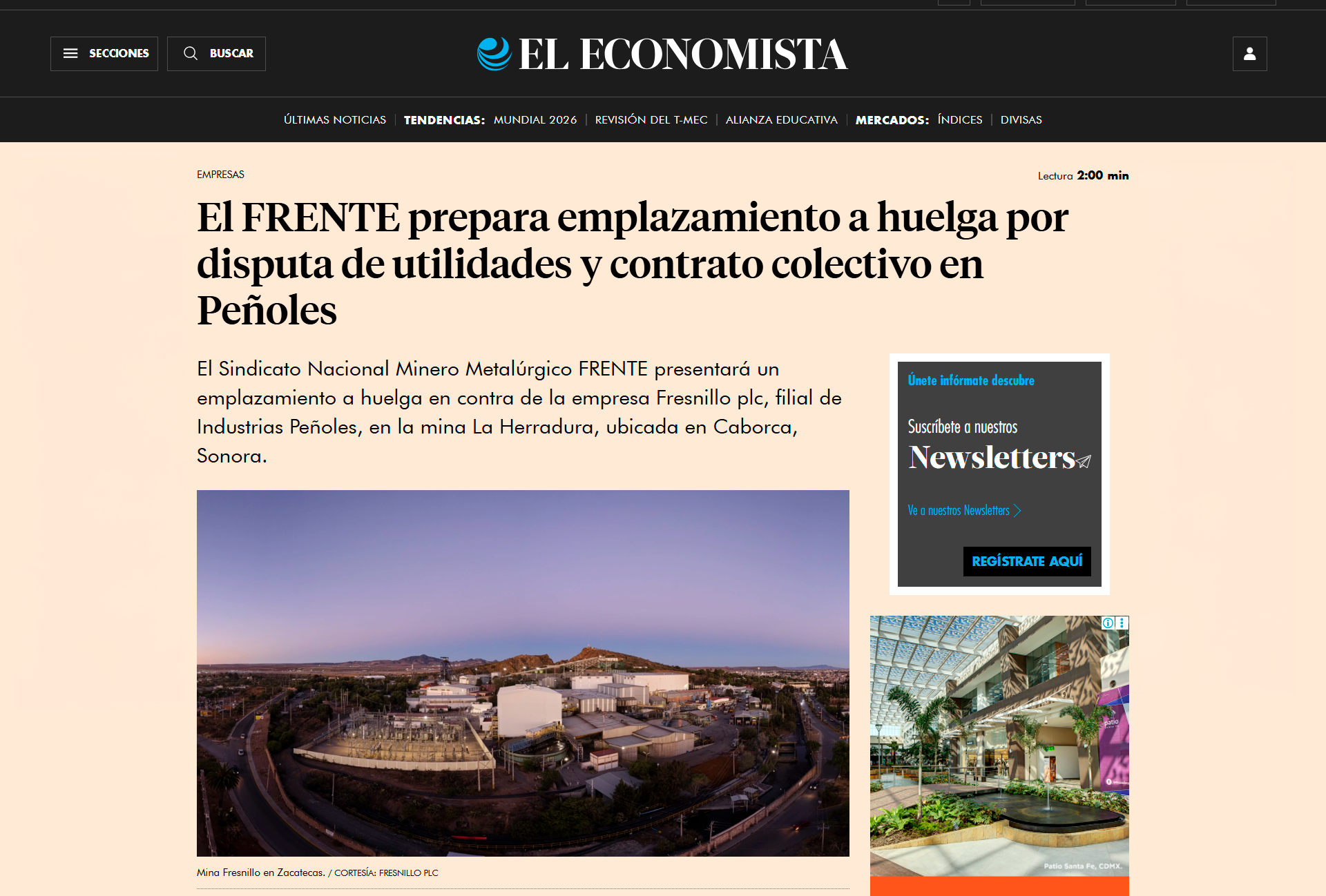 El FRENTE prepara emplazamiento a huelga por disputa de utilidades y contrato colectivo en Peñoles
