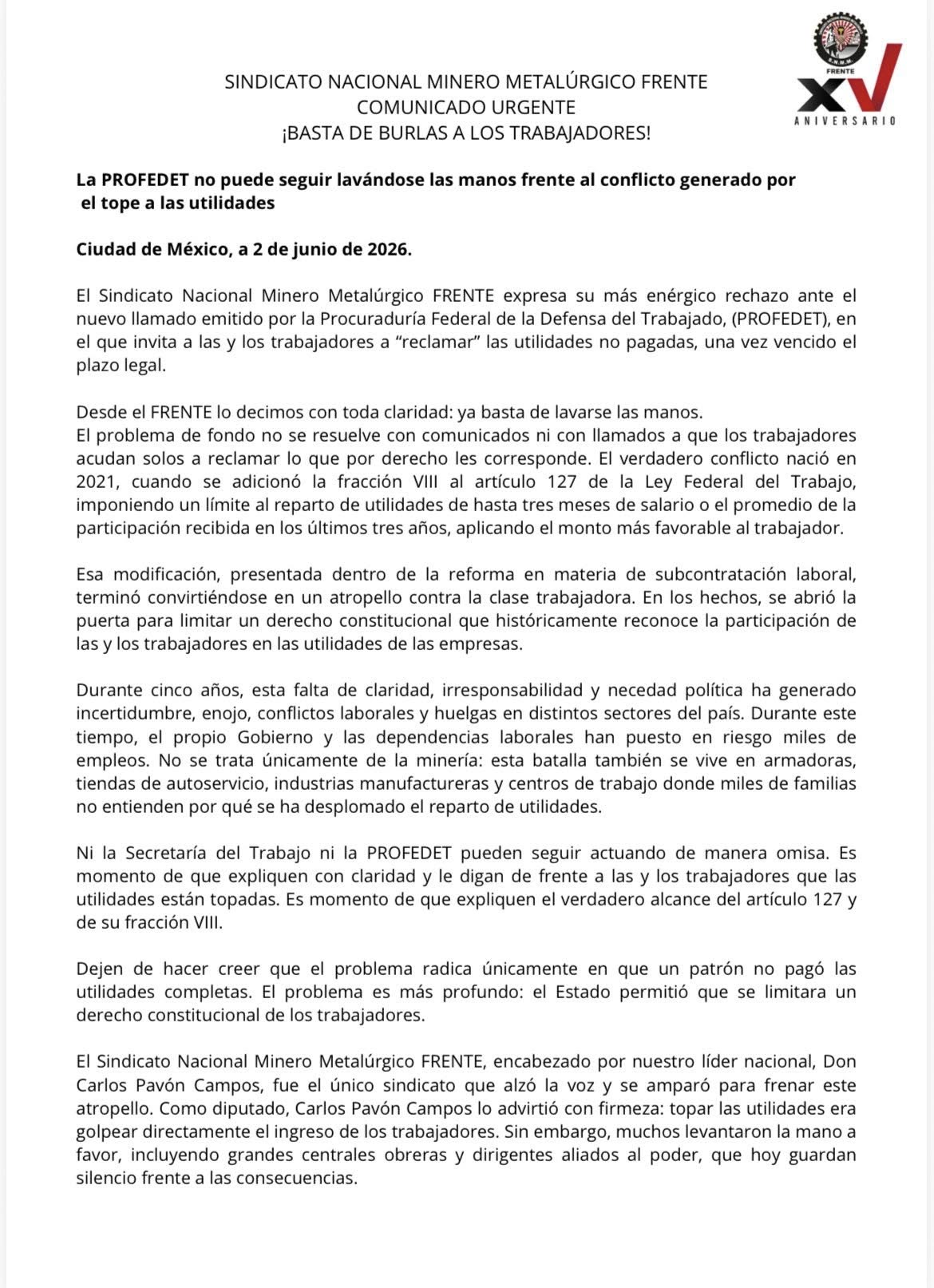 [Comunicado] COMUNICADO URGENTE ¡BASTA DE BURLAS A LOS TRABAJADORES!